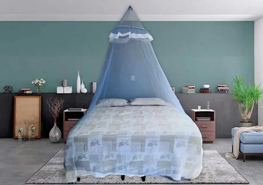 Mosquiteiro De Teto Casal King Com Babado De Renda Azul