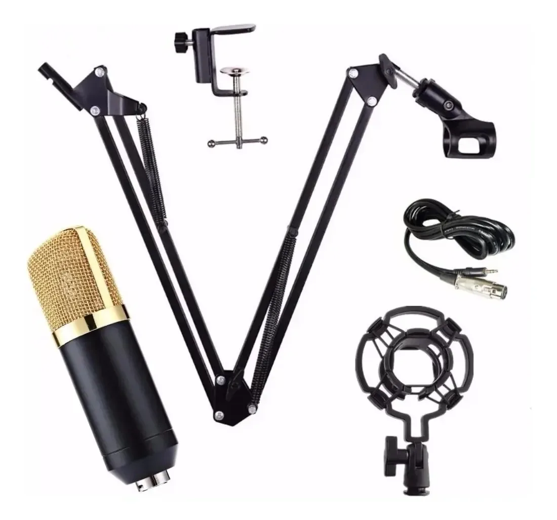 Kit Gravação Microfone Bm700 Com Acessórios Preto E Dourado
