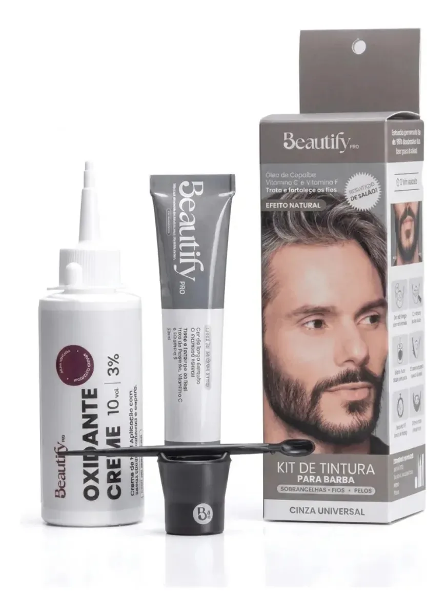 Kit Tintura Barba Bigode Cinza Universal Beautify Pro 20g