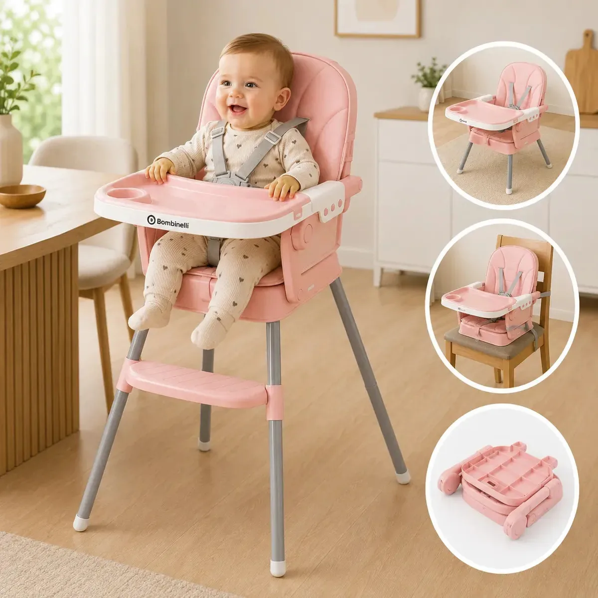 Cadeira De Alimentação Infantil Acolchoada 3 Em 1 Portátil Cor Rosa