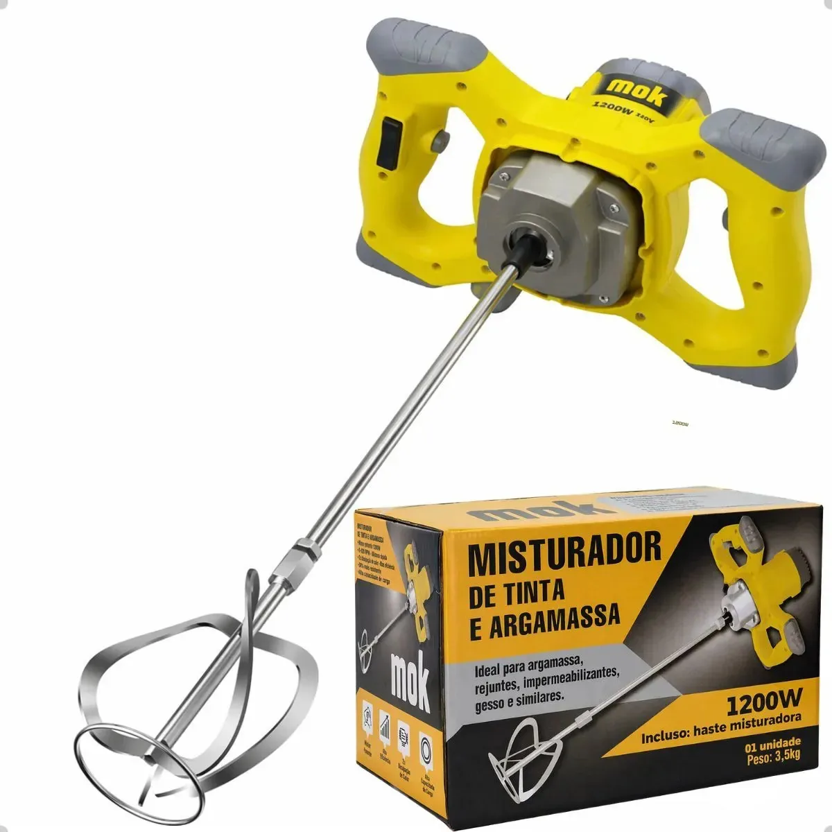 Misturador Elétrico De Argamassa Tinta Gesso Rejunte Textura Mok 1200w Com 6 Velocidades