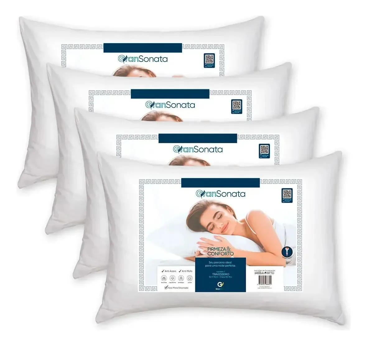 4 Travesseiros Antialérgico 50x70cm Suporte Médio Gransonata Branco