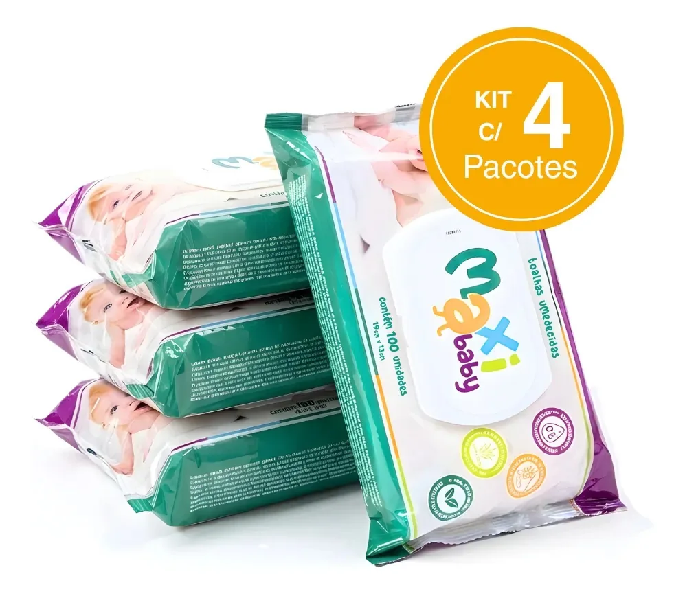 Pack Com 4 Toalhas Lenços Umedecidos Maxi Baby 100un Cada