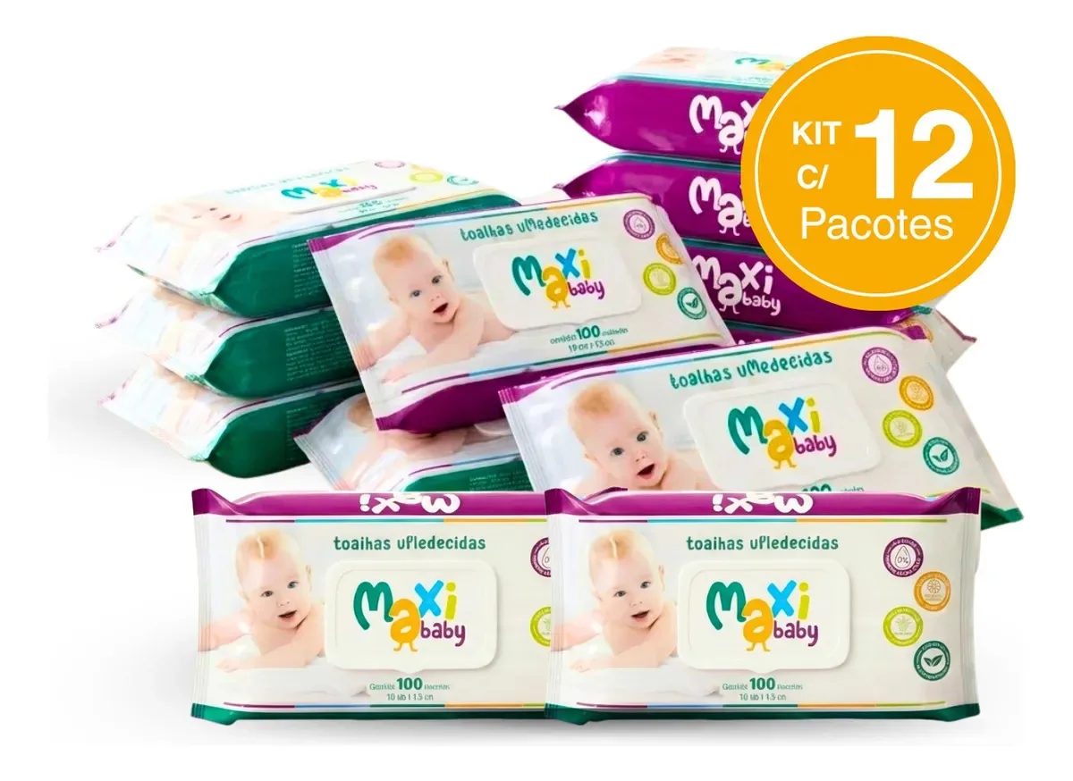 Pack Com 12 Toalhas Lenços Umedecidos Maxi Baby 100un Cada