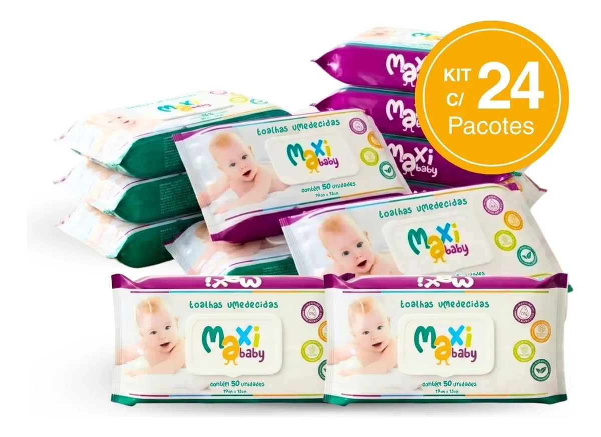 Pack Com 24 Toalhas Lenços Umedecidos Maxi Baby 50un Cada