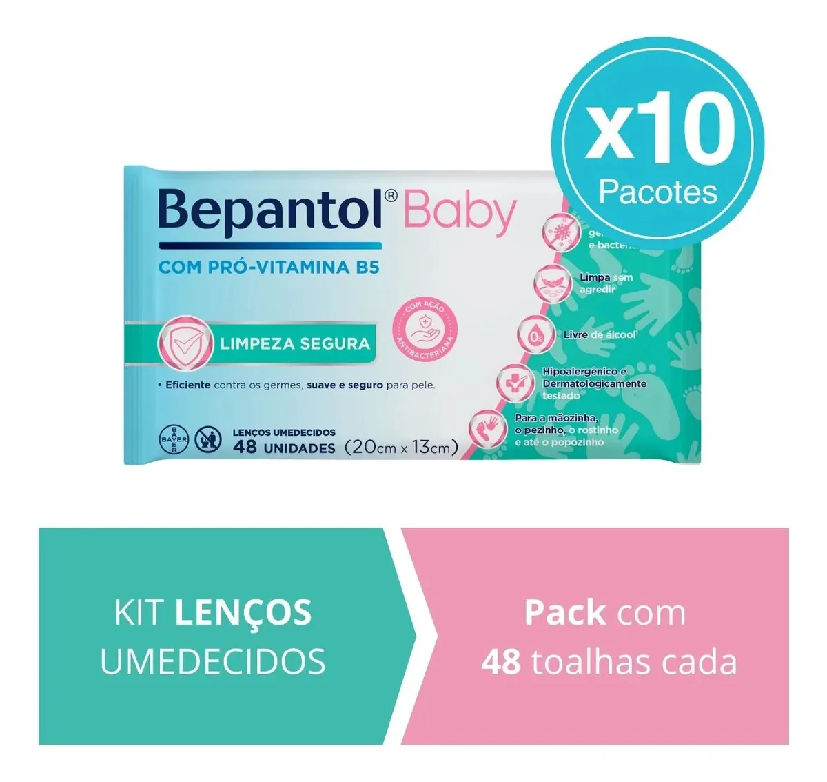 Kit 10 Lenços Umedecidos Proteção Antibac 48un cada Bepantol
