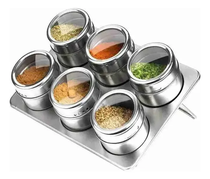 Kit Porta Temperos Magnético 6 Potes Com Suporte Cor Inox