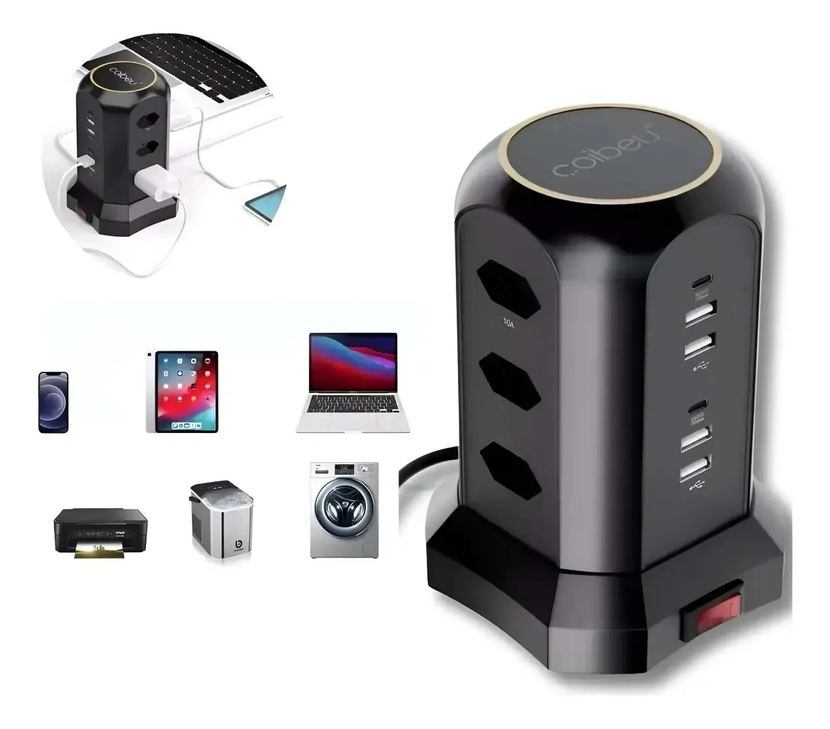 Torre De Tomadas Usb Preta 8 Entradas E Carregador Rápido