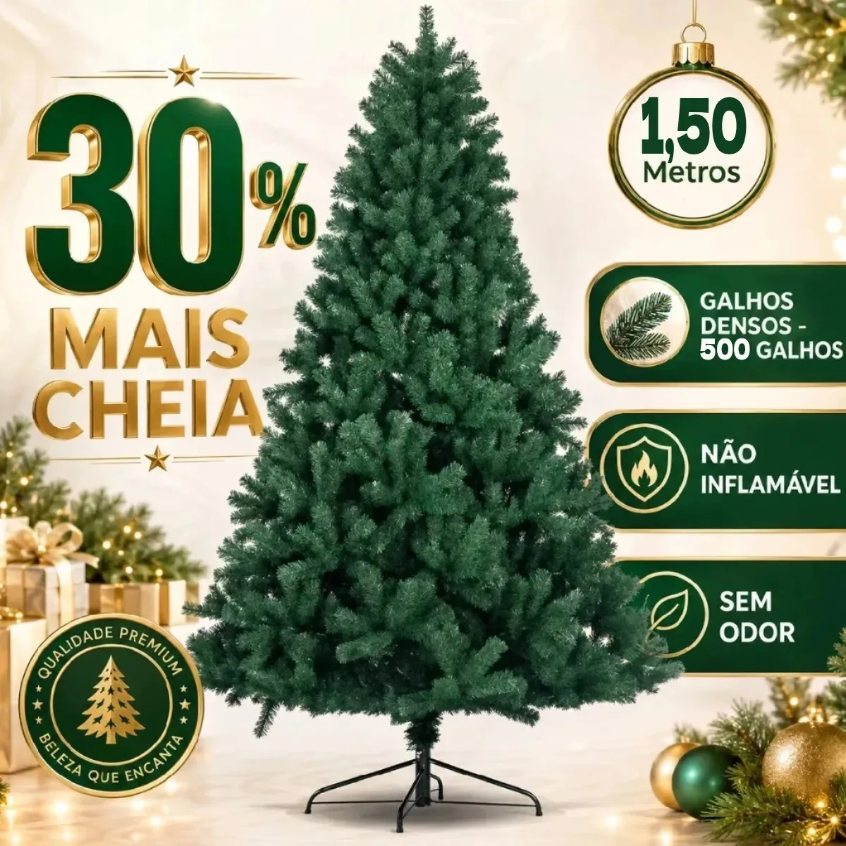 Arvore De Natal 1,50m 500 Galhos Pinheiro Luxo Cheia Galhos Reforçados Verde Tradicional Pé De Ferro Sambalelê Artigos Para Festas E Descartáveis