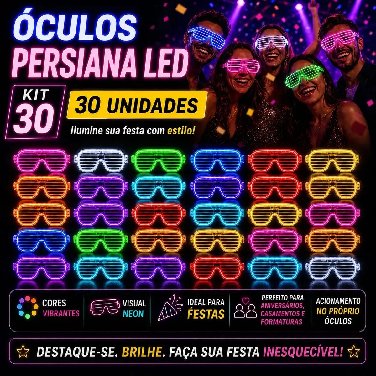 Óculos para Festa Led Neon Formatura Casamento Lembrancinha Personalizado Brilha no Escuro Aniversario Balada Despedida Evento Pisca Pisca Óculos Estilo Design Persiana Colorido Sortido Kit 30