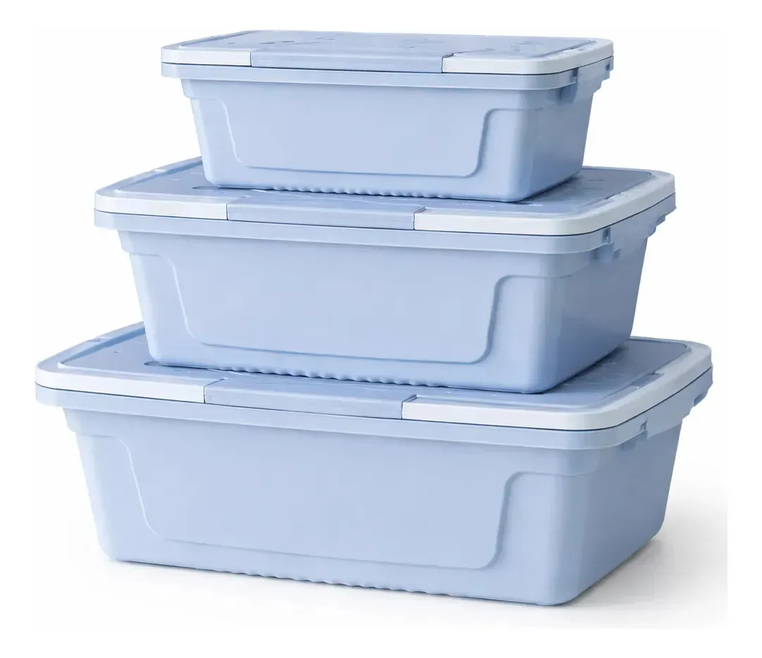 Kit Caixa Organizadoras Adoleta Com Travas E Alças -03 Peças Azul-aço