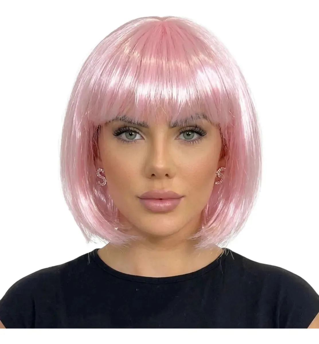 Perucas Sintética Coloridas Curta Franja Cabelo Liso Festa Rosa
