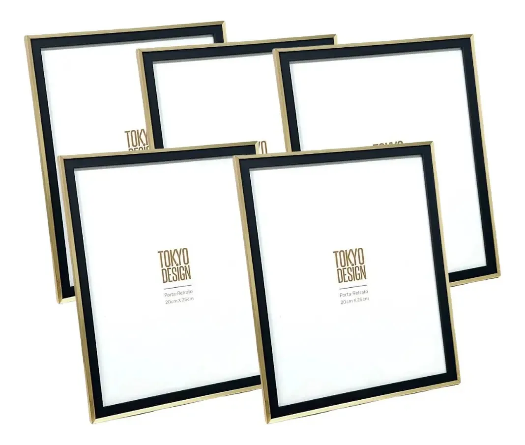 5 Porta Retratos 20x25 Pvc Mdf E Acetato Mesa E Parede Cor Dourado E Preto