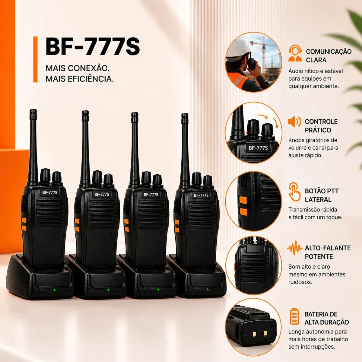 Kit 4 Rádios Comunicadores Baofeng Bf-777s Alta Performance Walkie Talkie Profissional Esportivo Sem Fio Segurança Comunicação Show Eventos 400 ~ 470mhz 127/220v 16ch Ht Walk Talk