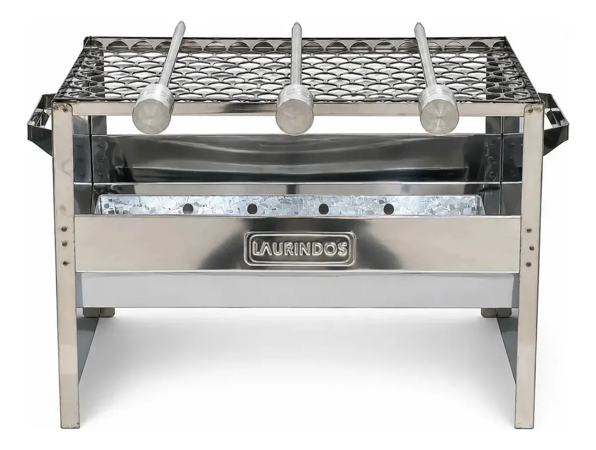 Churrasqueira Portátil De Inox Com Grelha E 3 Espetos Inox