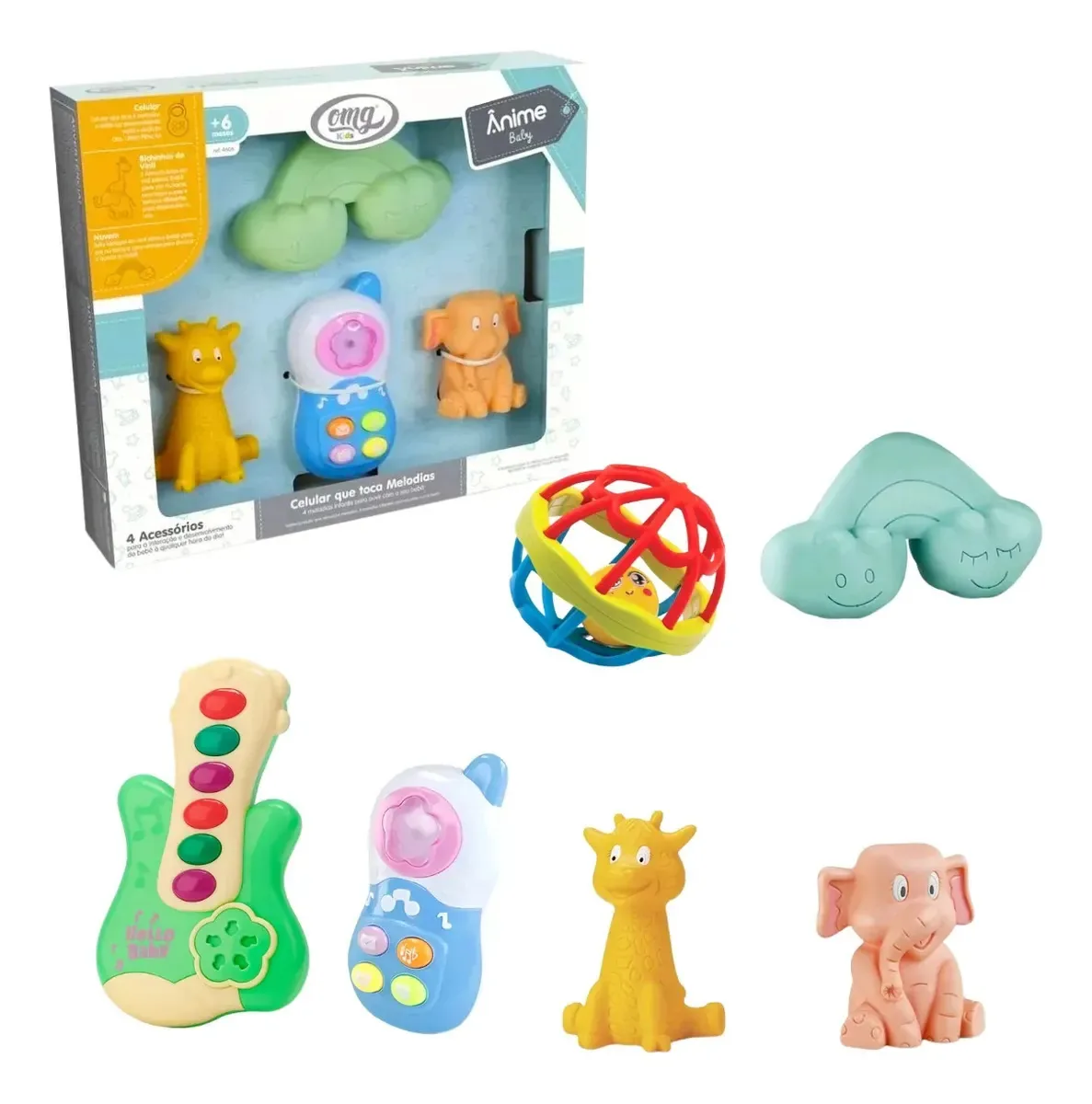 3 Mordedores Macio E Atoxico Mais Brinquedo Musical-omg Azul E Verde