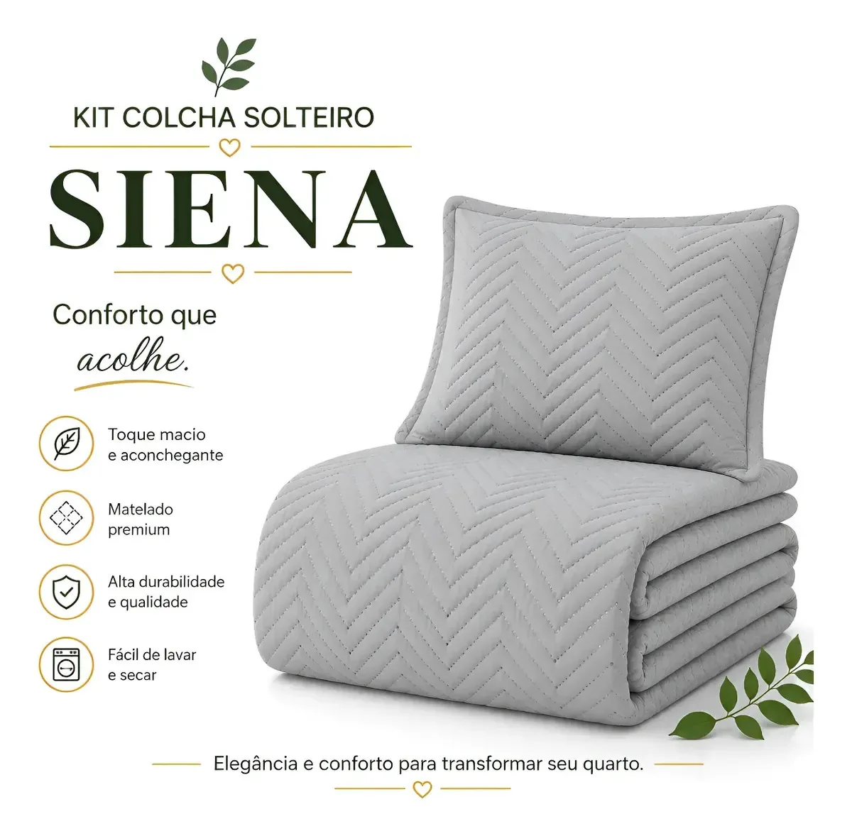 Colcha Siena Euro Textil Solteiro Porta Travesseiro Macia Cinza