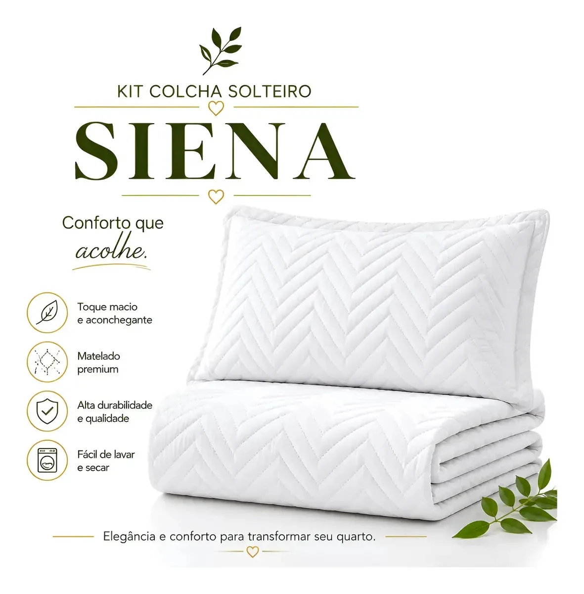 Colcha Siena Euro Textil Solteiro Porta Travesseiro Macia Branco