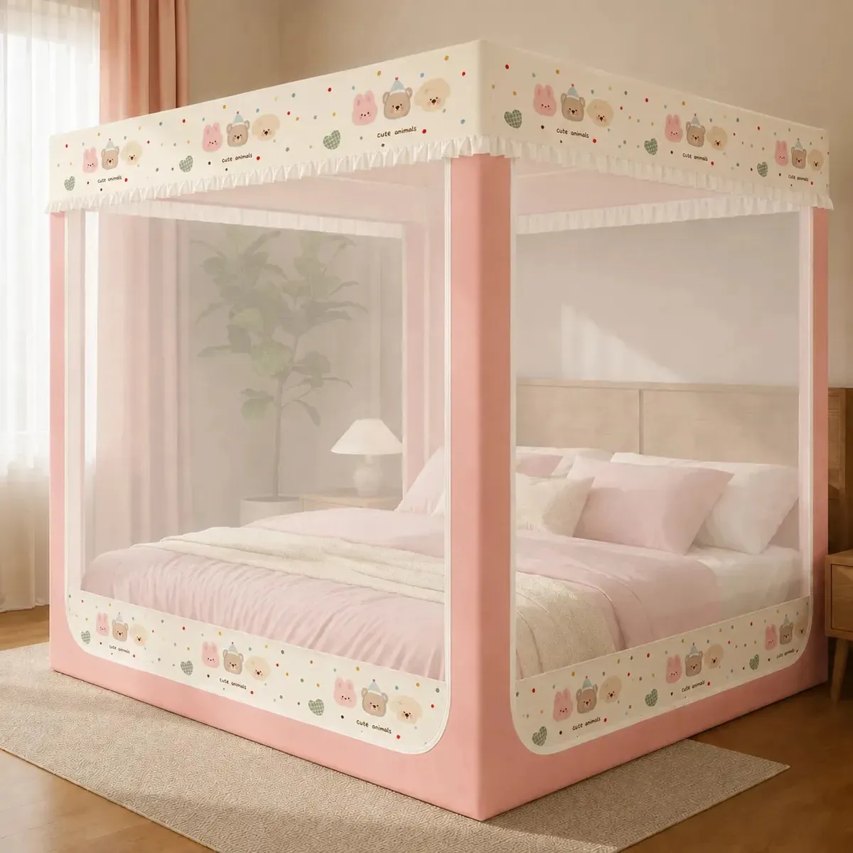 Mosquiteiro De Chão Com Suporte Três Portas Com Zíper Adequado Para Camas De Casal Ventilação E Proteção Contra Insetos 1.5*2.0m Rosa