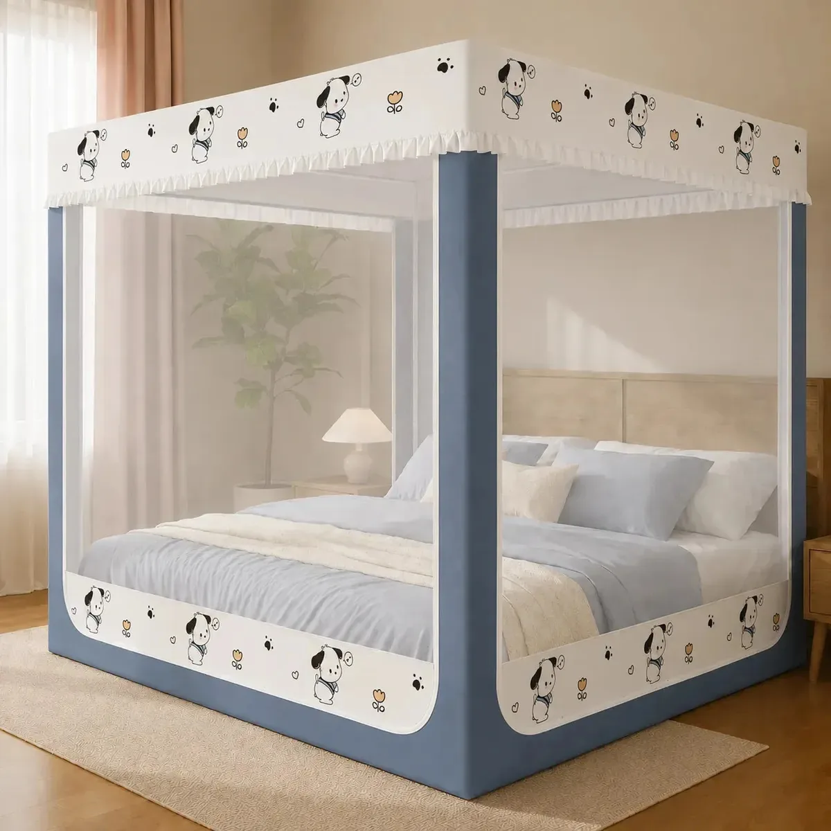 Mosquiteiro De Chão Com Suporte Três Portas Com Zíper Adequado Para Camas De Casal Ventilação E Proteção Contra Insetos 1.5*2.0m Lago Azul