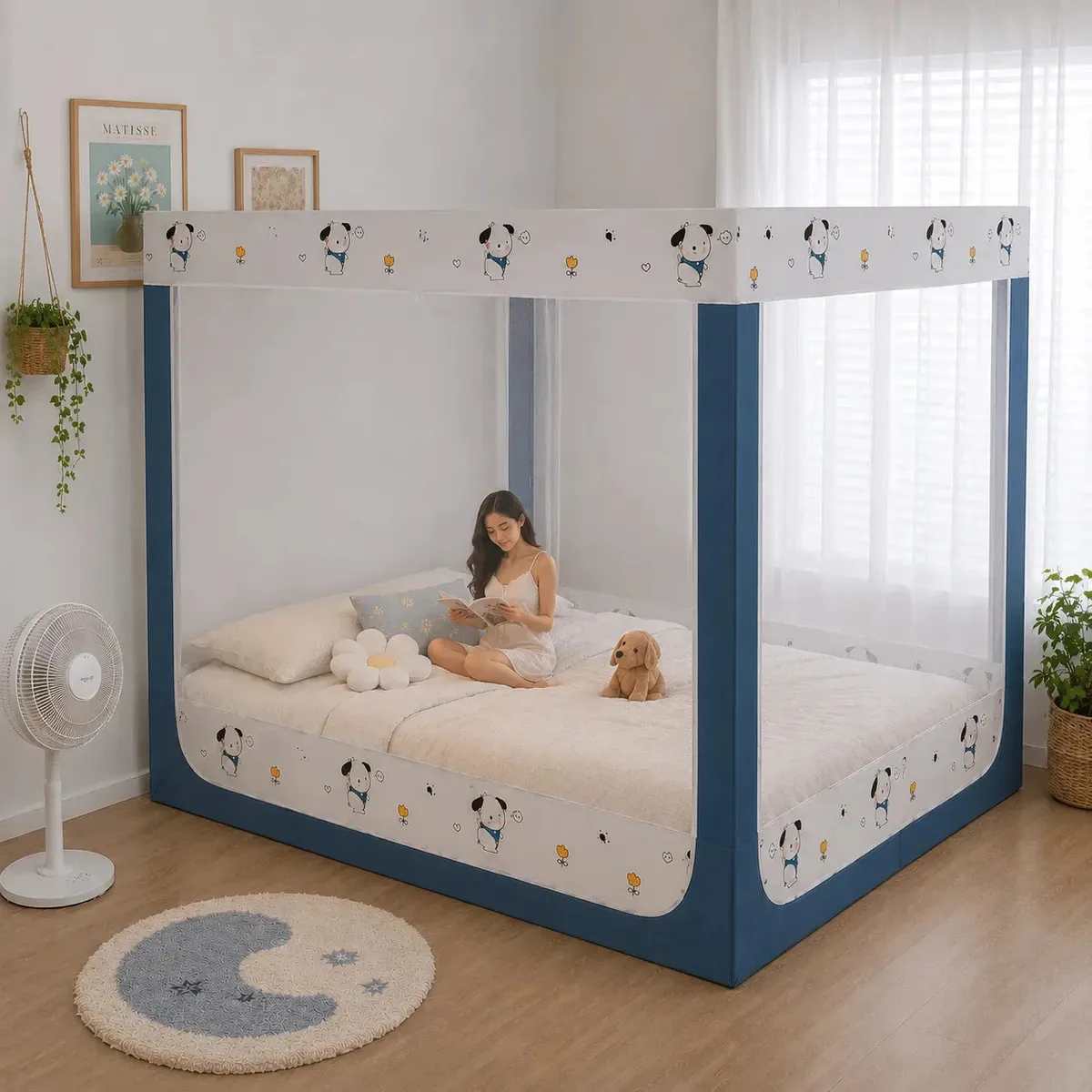 De Chão Mosquiteiro Com Estrutura E Zíper Antipoeira Para Camas De Queen Ve ntilação 1.8*1.98m Azul Estampas fofas