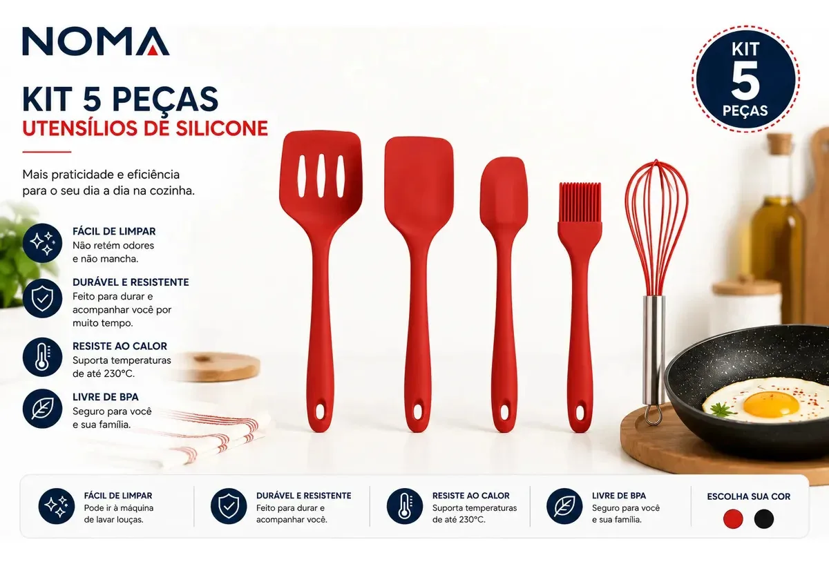 Kit 5 Utensílios Cozinha Silicone Não Risca Panelas Vermelho