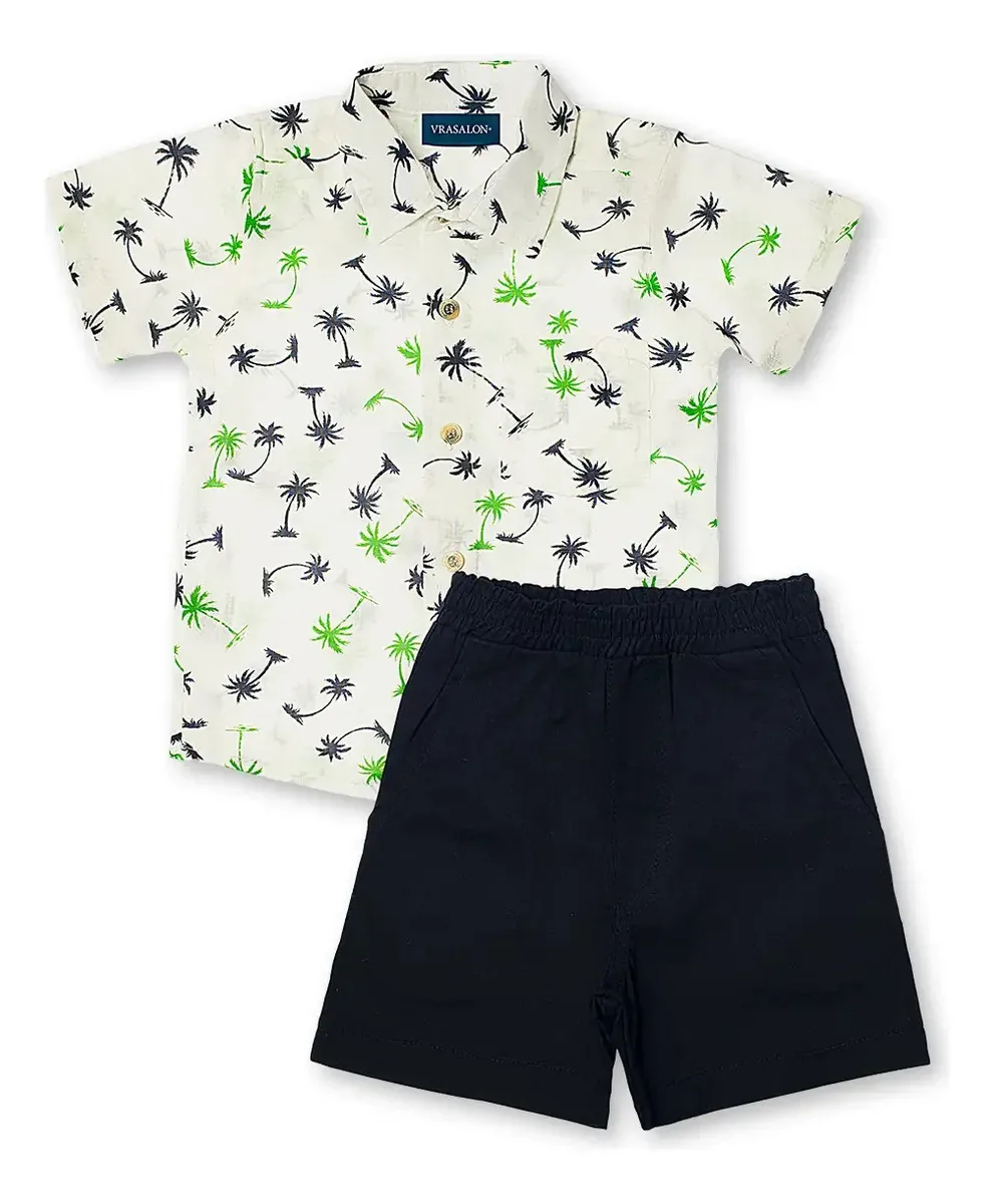 Conjunto Bebê Menino Camisa Estampada E Shorts Fofo Cor Coqueiro Tamanho 1