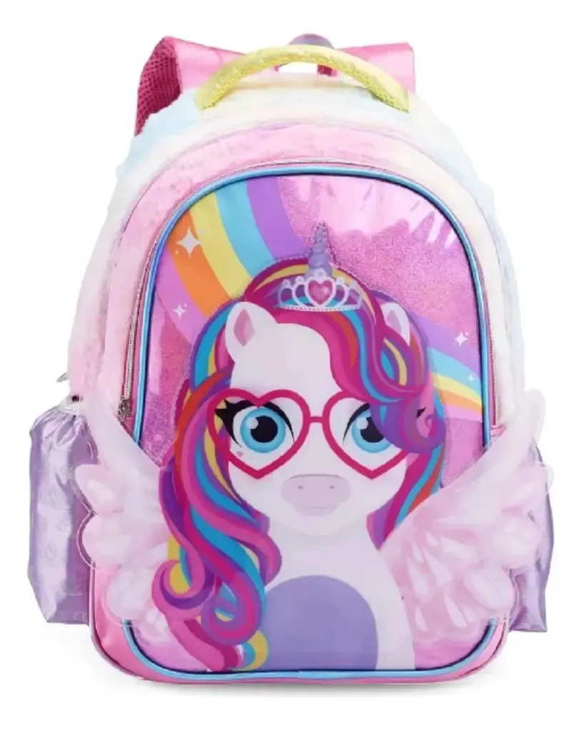 Mochila Grande Infantil Unicórnio Com Asas Denlex Escolar Rosa Liso
