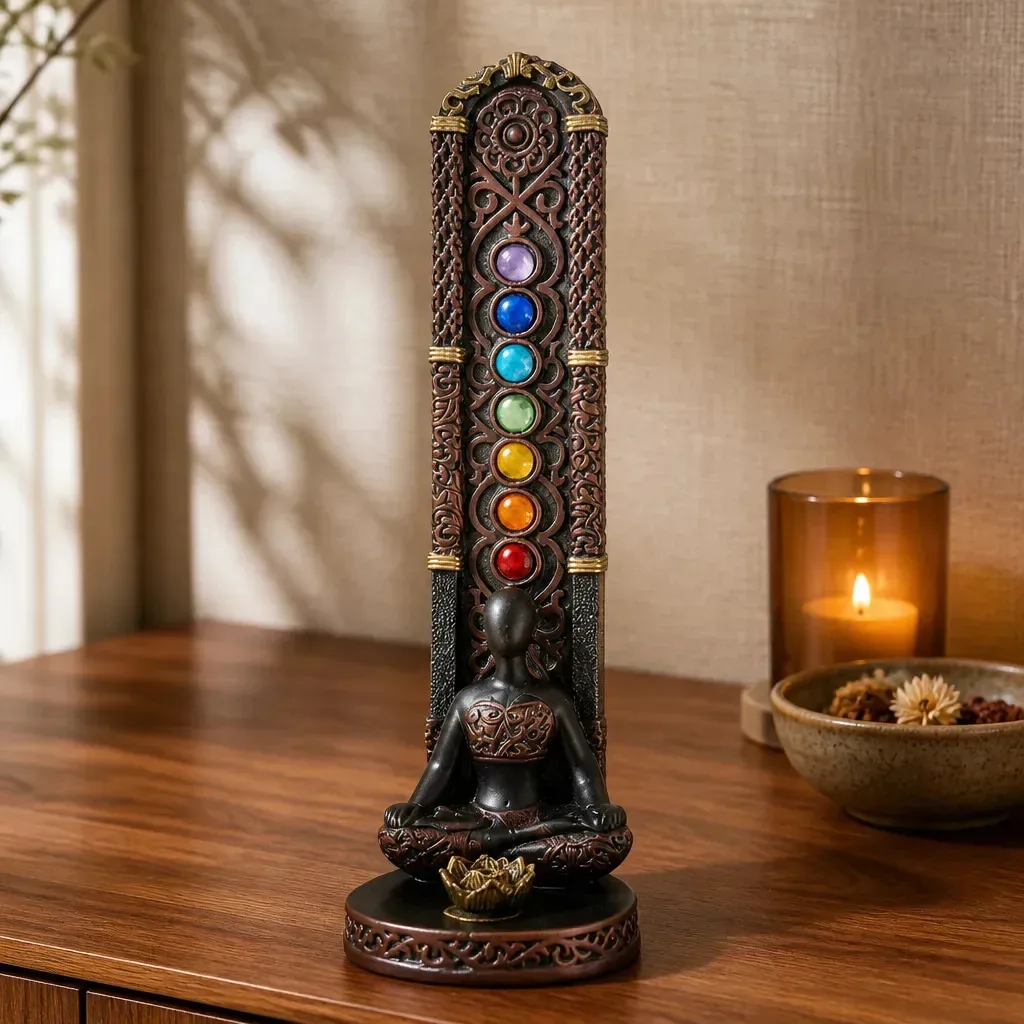 Incensário Porta Incenso 7 Chakras Meditação Resina Zen Preto Meditando