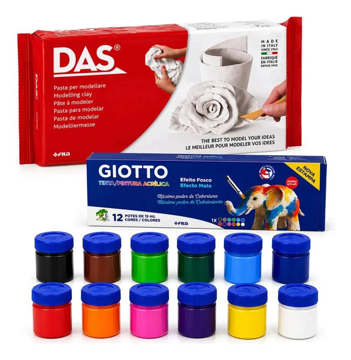 Massa De Modelar Cerâmica Fria Das Com Kit Tinta Acrílica 12