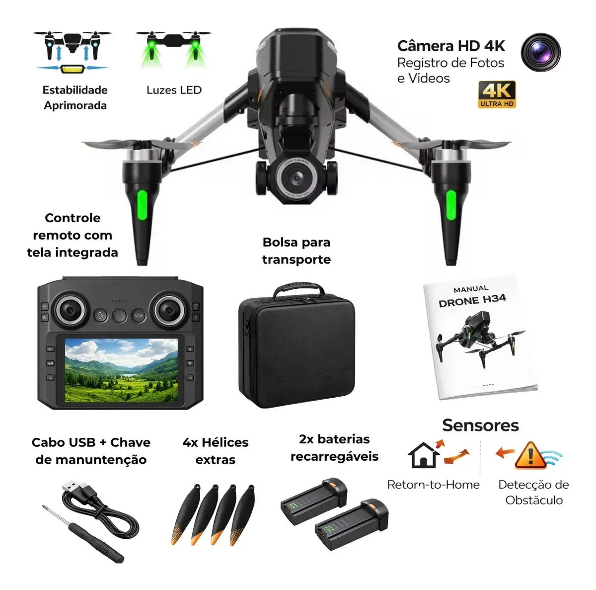 Drone Popsy H34 Pro Com Câmera 4K e GPS, FPV