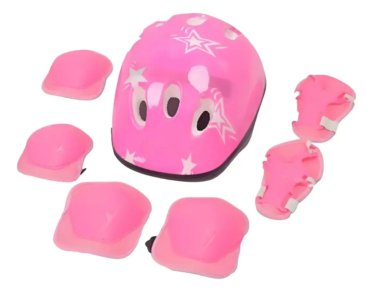 Kit Proteção Infantil Capacete Joelheiras Cotoveleiras Luva Rosa