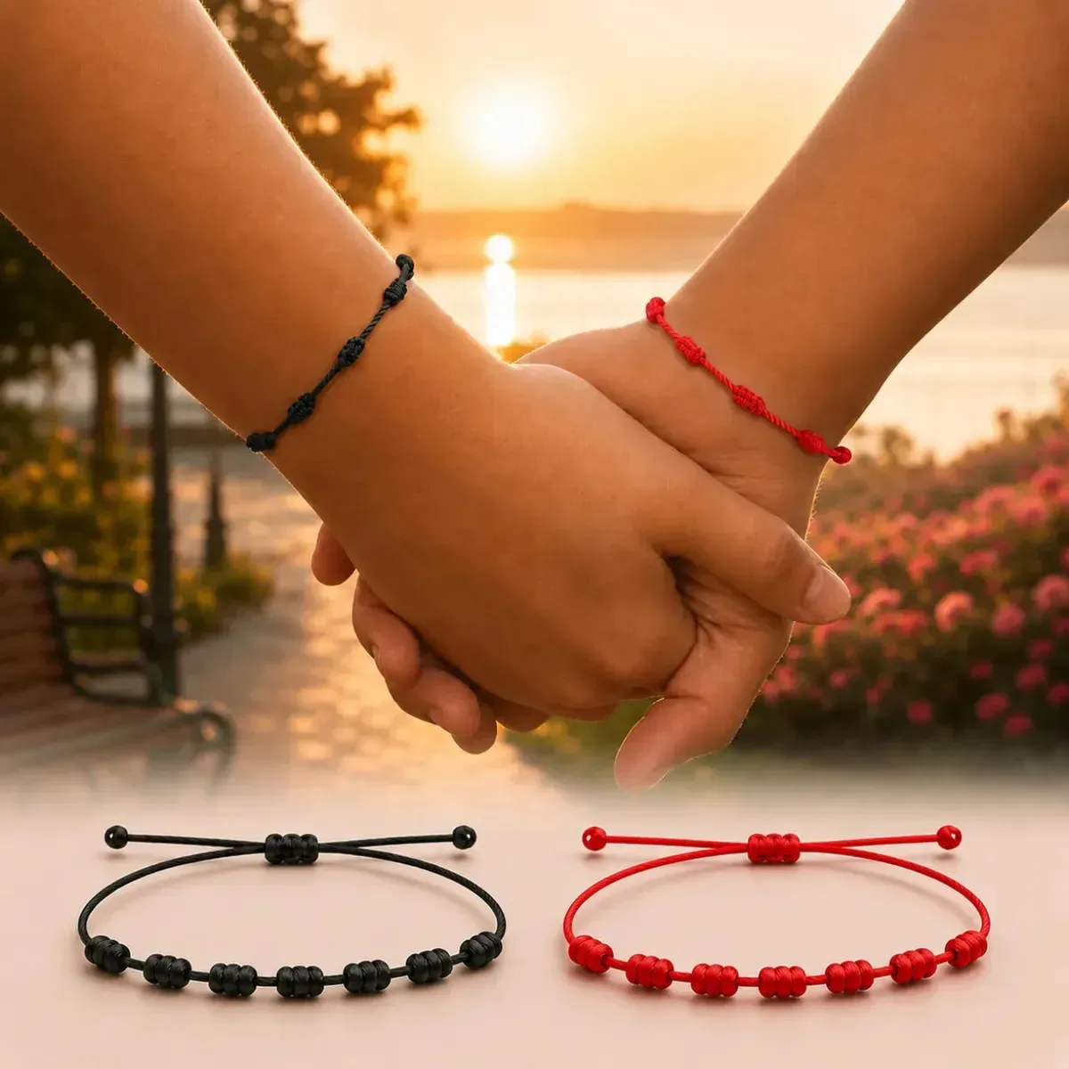 2 Pulseiras 7 Nós Vermelho Preto Amuleto Sorte Proteção Fé Espiritualidade Bloqueio De Energias Negativas - Fehu