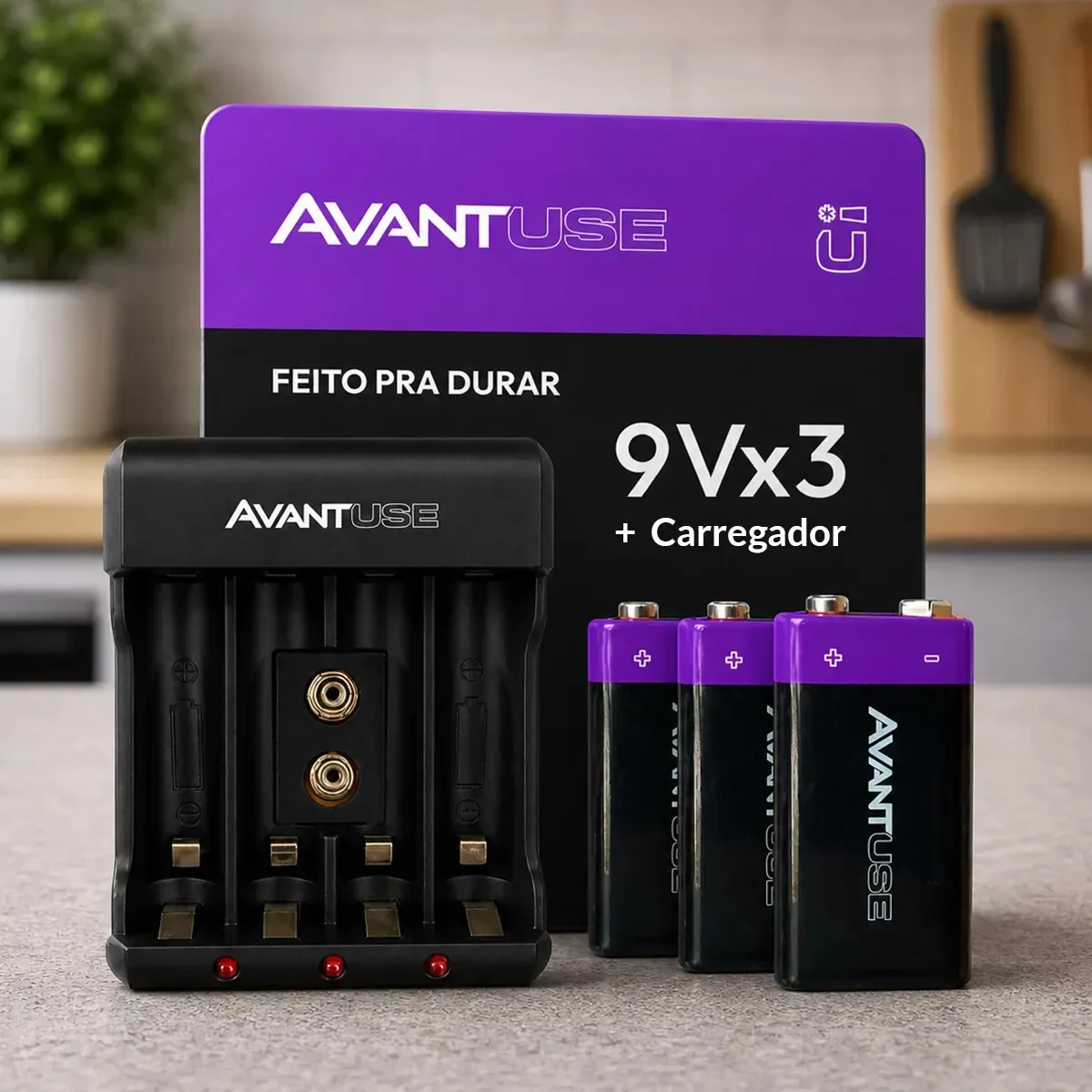 Kit 3 Baterias 9V Recarregável + Carregador Rápido Avant