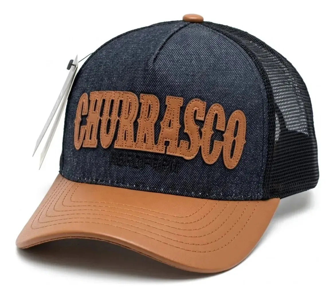 Boné Country Trucker Churrasco Agro Aba Couro Curva Preto Jeans Un Churrasco