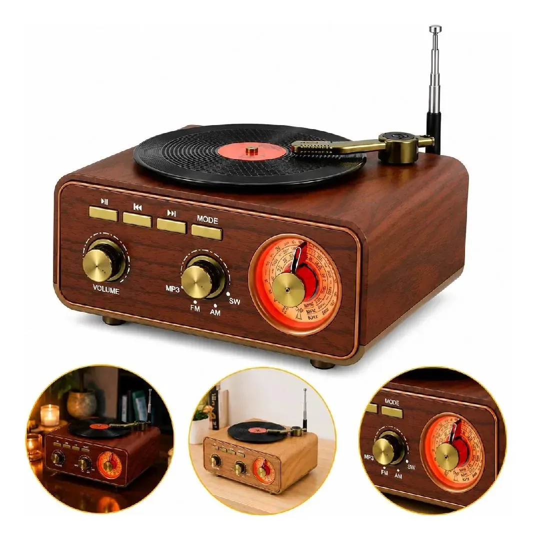 Rádio Retrô Bluetooth Estilo Toca-discos Am Fm Sw Usb