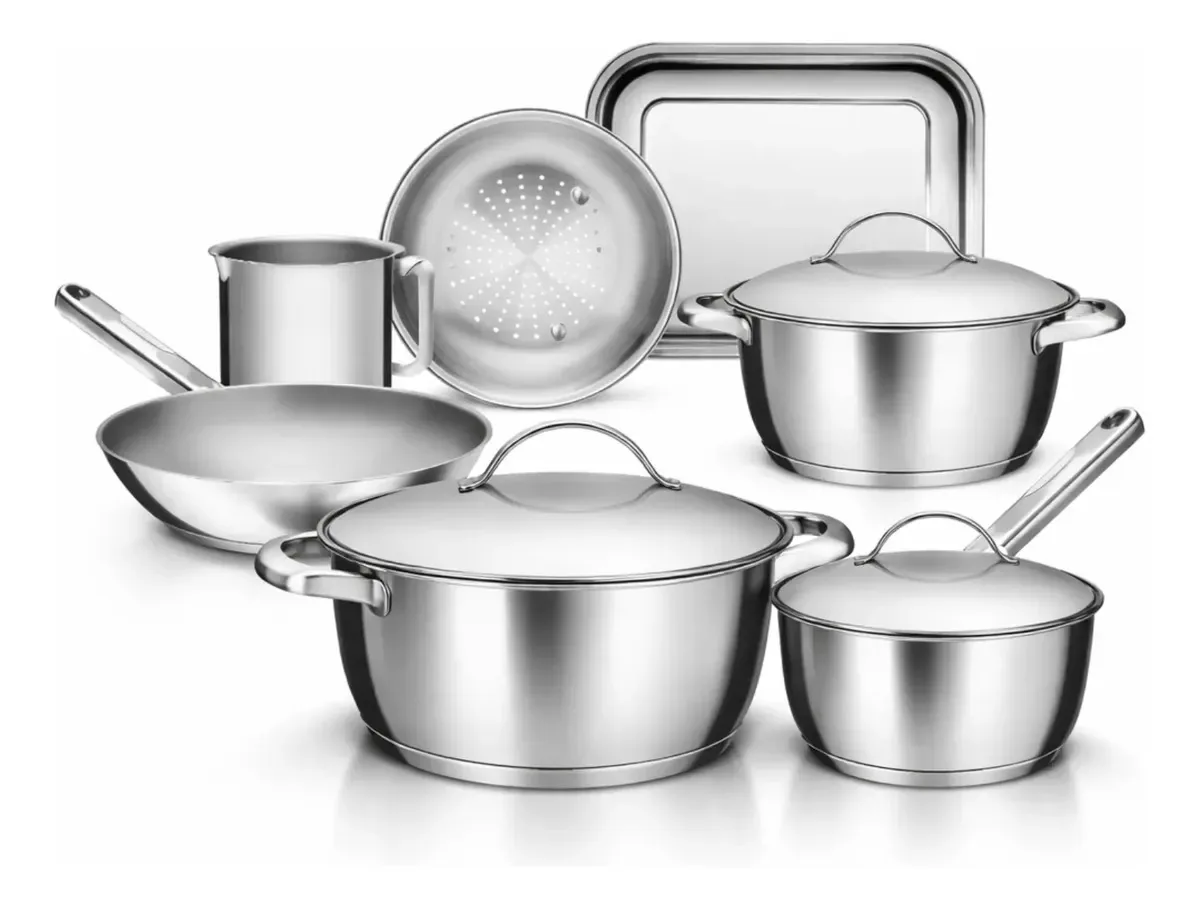 Jogo Panelas Tramontina Allegra 7 Peças Inox Fundo Triplo Indução Prateado Tampas Aço Inoxidável Fogão Gás Elétrico Vitrocerâmico Cozinha