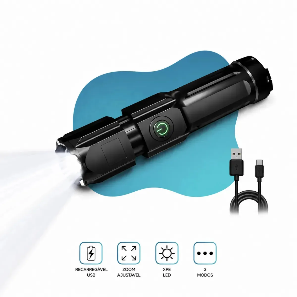 Lanterna Tática Led Recarregável Usb Militar Shark Com Zoom Pescaria Caça Trilhas Camping Cor Luz Branco Lanterna Preto
