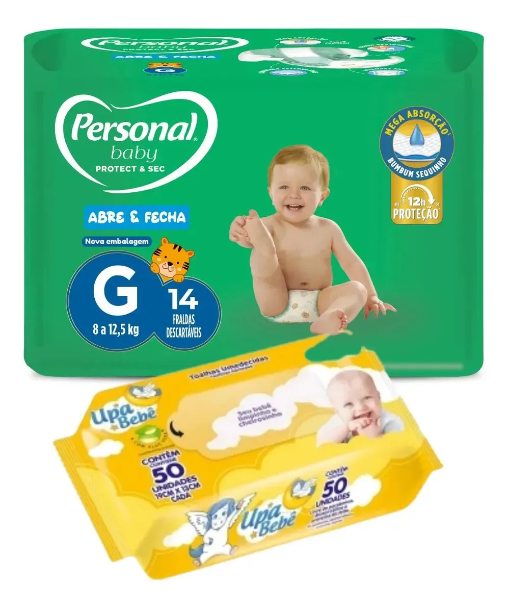 Kit Bebê Fralda Personal Baby + Toalha Umedecida Upa 50 Un G - 8 Até 12 Kg