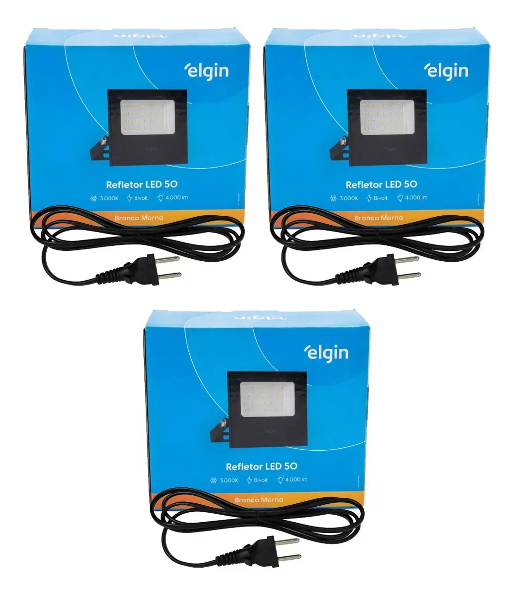 3 Refletores Led Elgin 50w 3000k Branco Quente Bivolt Tomada