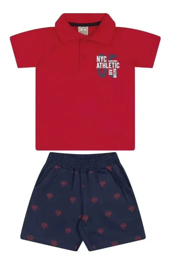 Roupa Infantil Conjunto Menino Camiseta Polo Bermuda Sarja Cor Vermelho Tamanho 1
