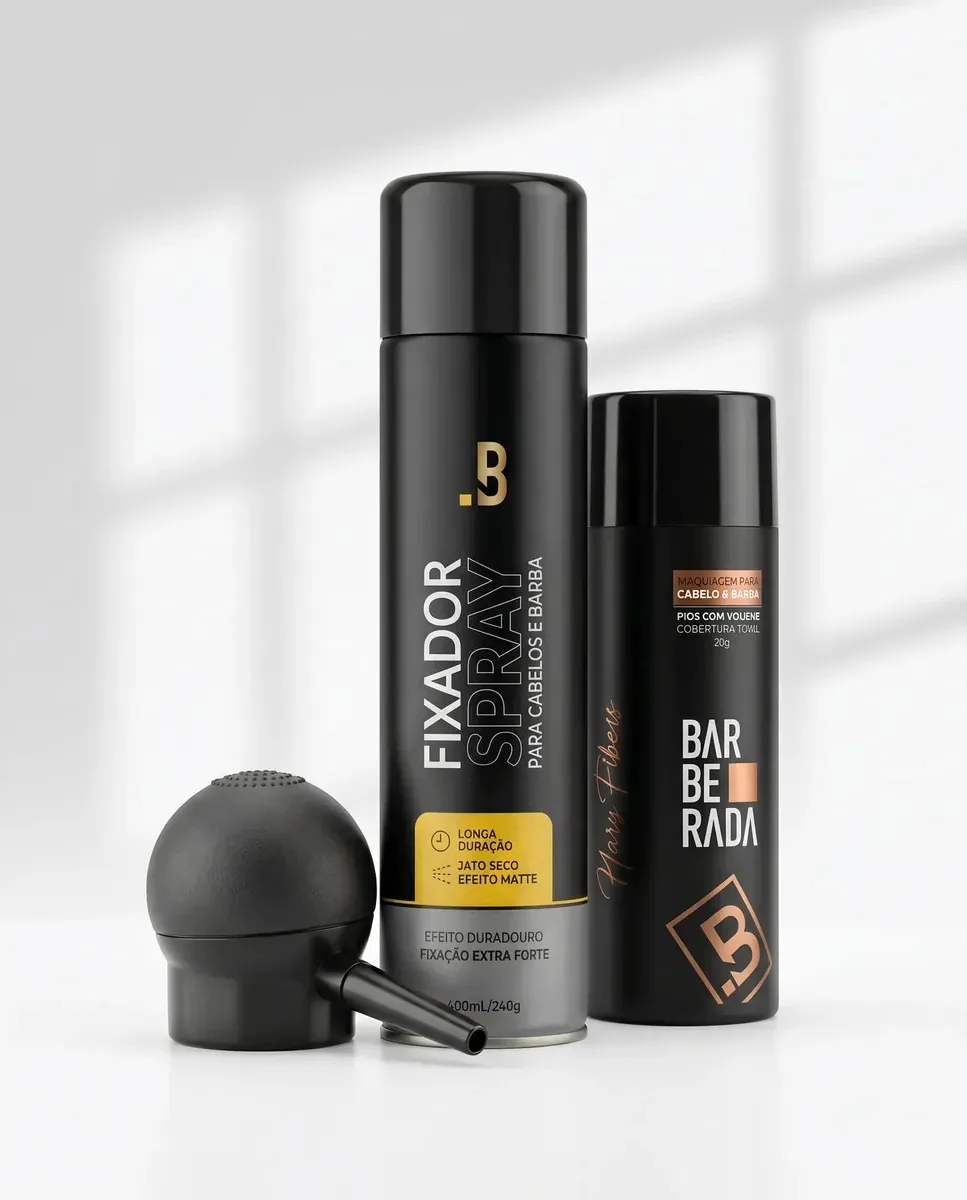 Kit MAQUIAGEM Fibra Capilar Barberada 25g Pó Queratina Disfarça Calvície Falhas BARBA e CABELO BRANCO + Aplicador Bombinha Borrifador + Spray Fixador Laquê 400ml Prova D'água Extra Forte Unissex PRETO