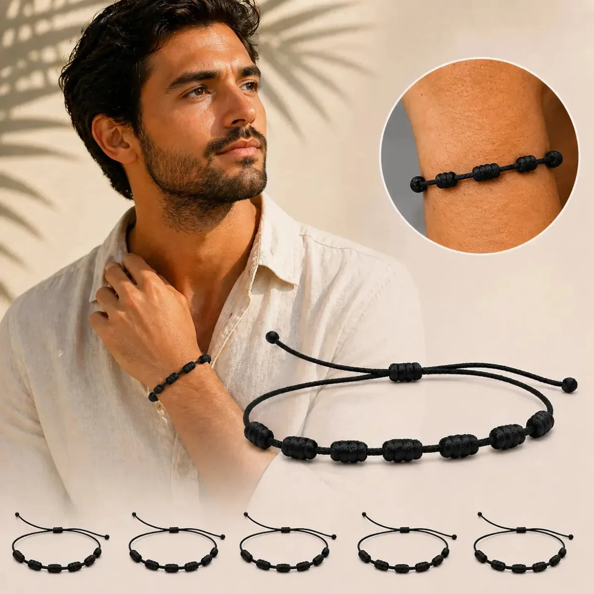 Kit 5 Pulseiras Preta 7 Nos Kabbalah Proteção Amor Sorte Amuleto Contra Olho Gordo Inveja - Fehu