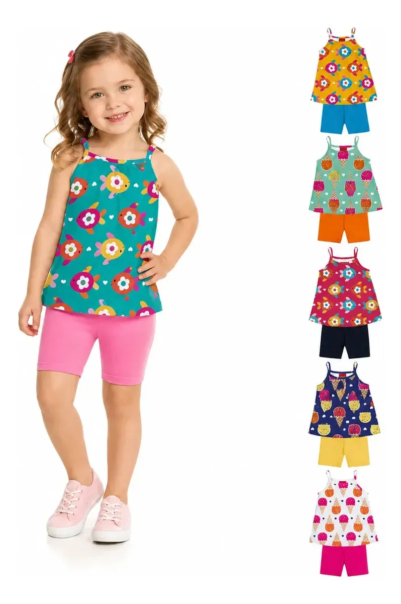 Conjunto Infantil Menina Kyly Verão Blusa E Shorts Ciclista Azul 4