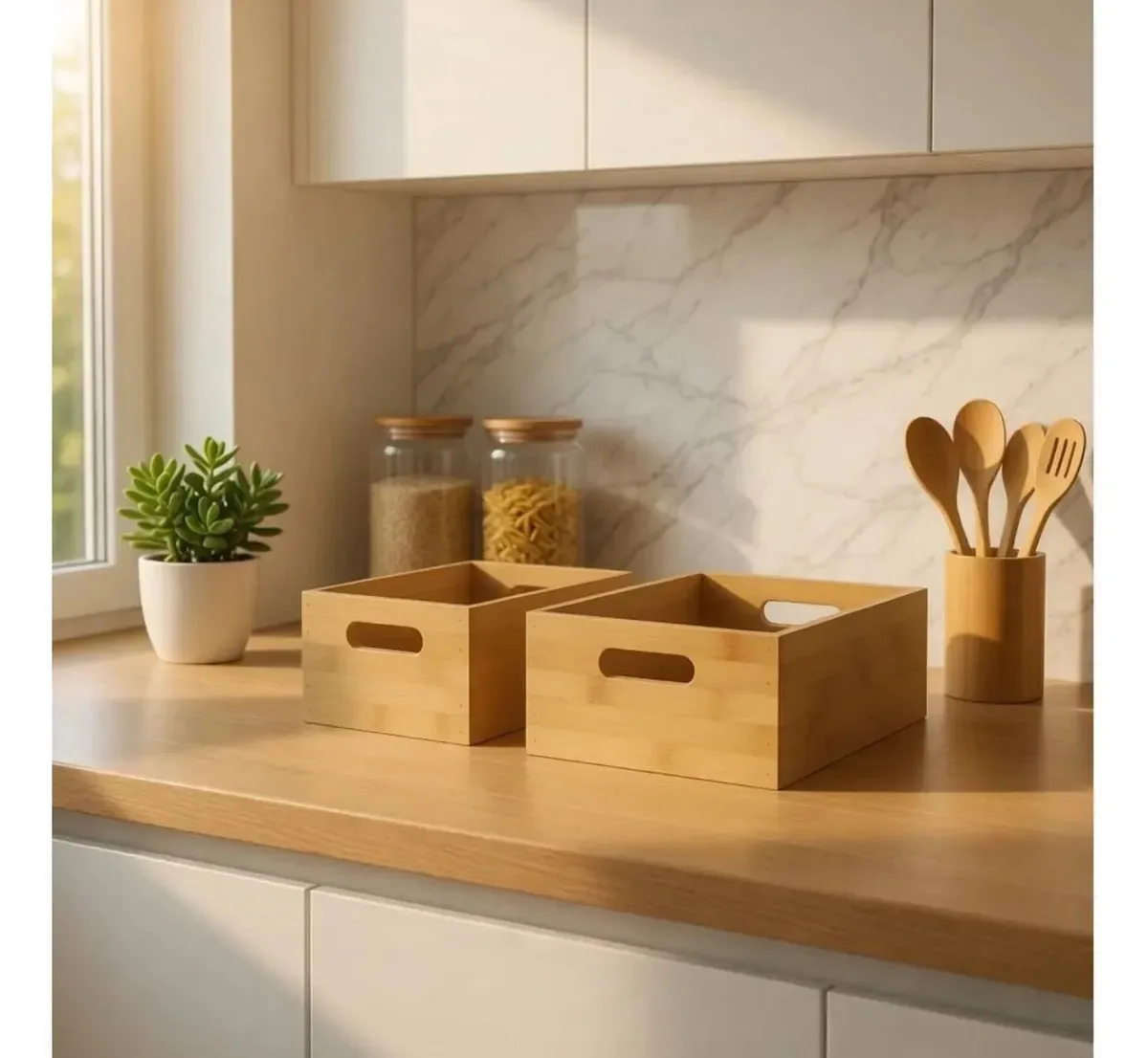 Conjunto 2 Caixas Cestos Organizadores Bambu 100% Natural