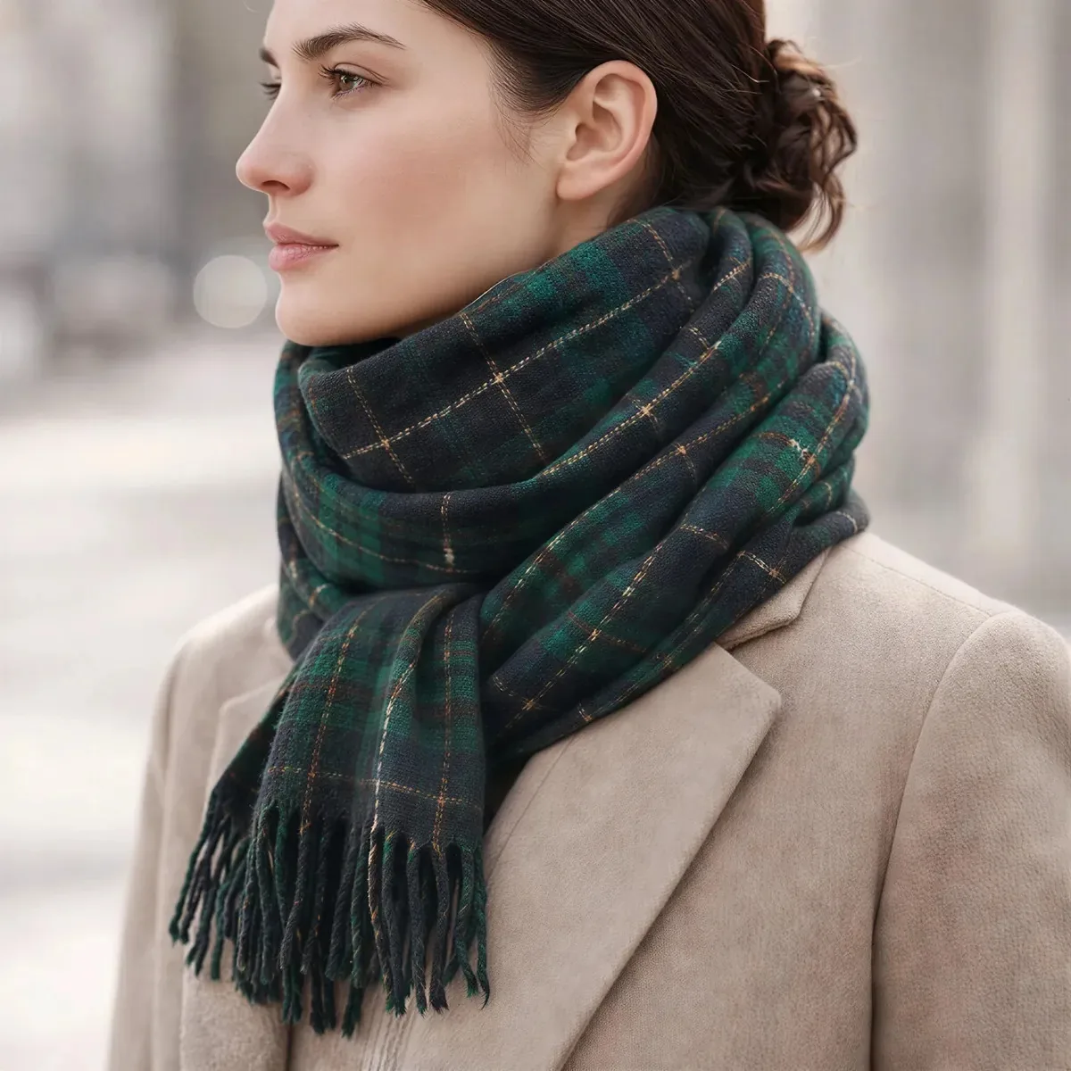 Cachecol Xale Feminino Xadrez Geométrico Pashmina Casamento Green Brown Xadrez Único