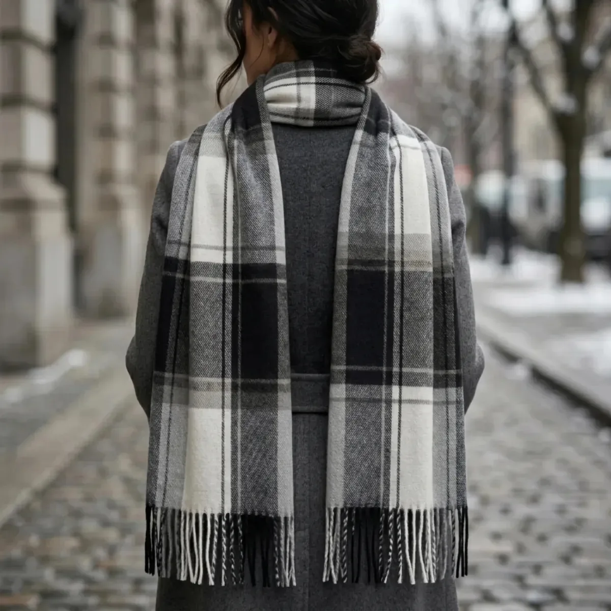 Cachecol Xale Feminino Xadrez Geométrico Pashmina Casamento Black E Concreto Xadrez Único