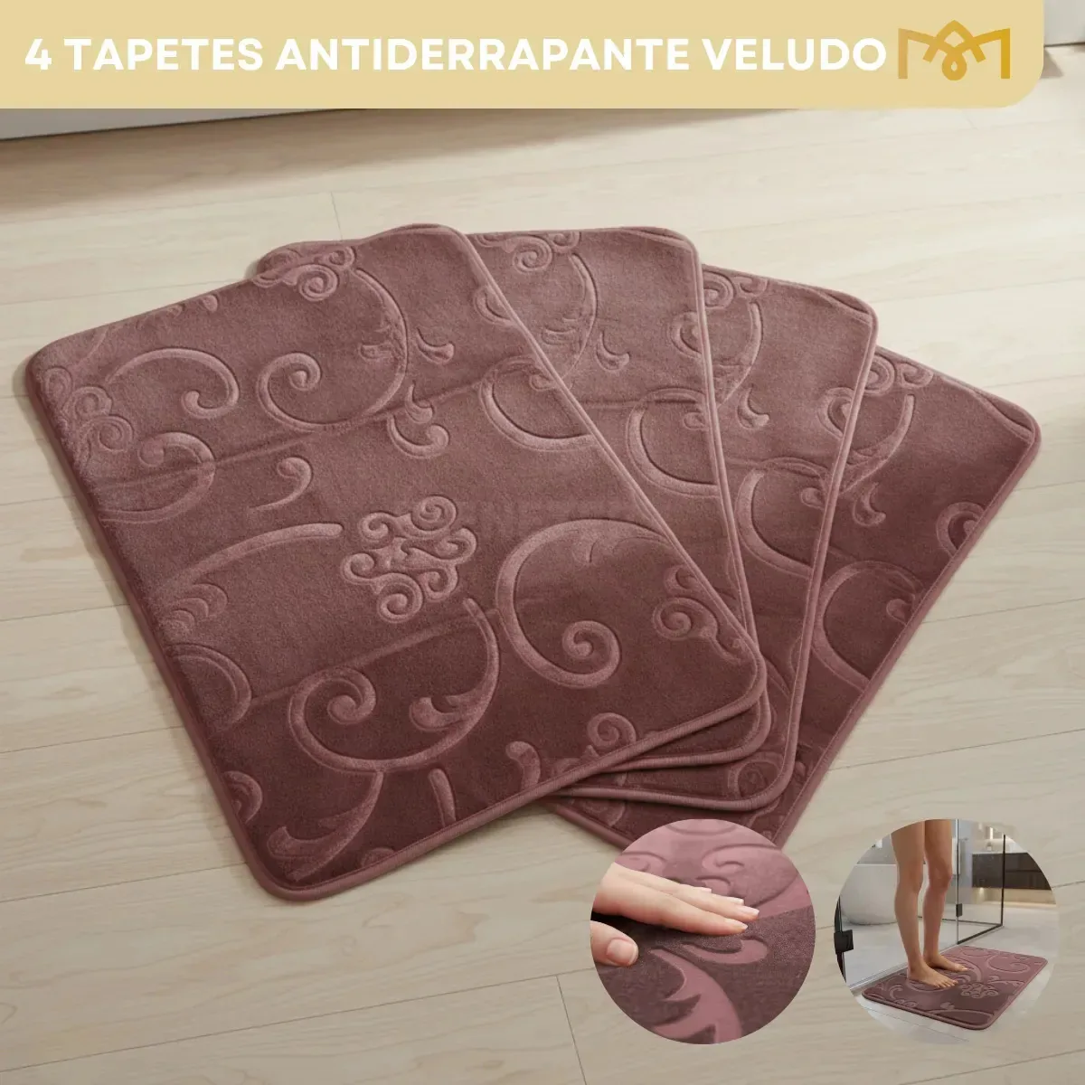 Jogo 4 Tapetes Para Banheiro Antiderrapante Aveludado Absorvente Secagem Rápida Toque Macio Premium Luxo Rose