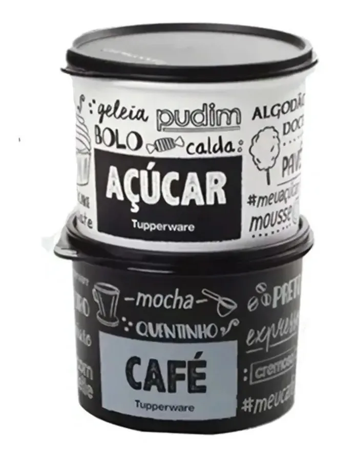 Kit Tupperware 2 Caixas Mantimentos Pb Fun Açucar E Café Preto E Branco