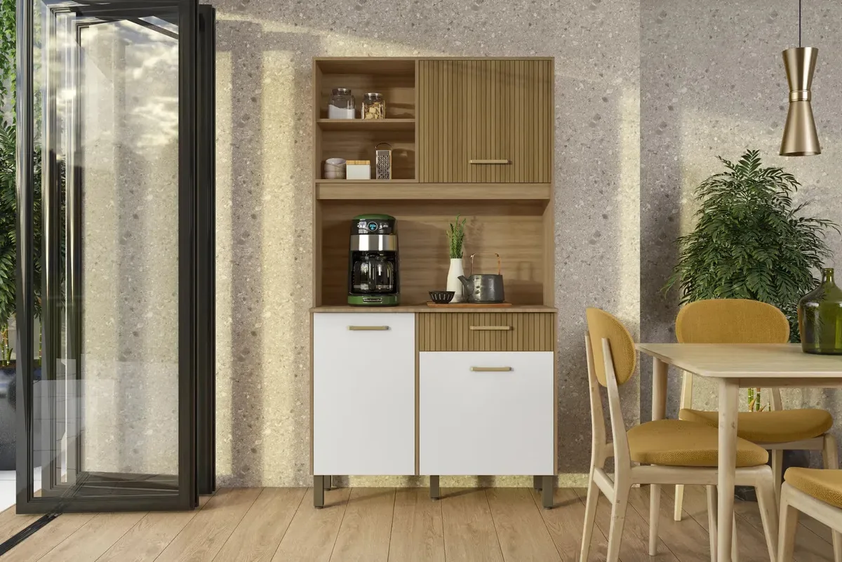 Cozinha Compacta Jade 1 Gaveta 3 Portas Cor Ripado/branco M Casa Móveis
